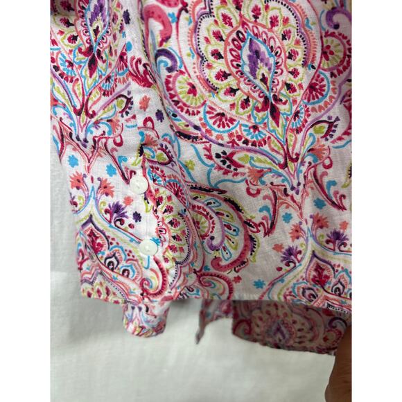 Chicos Button Up 3 XL Pink Paisley 100% Linen Long Line 3/4 Sleeve - Picture 3 of 10